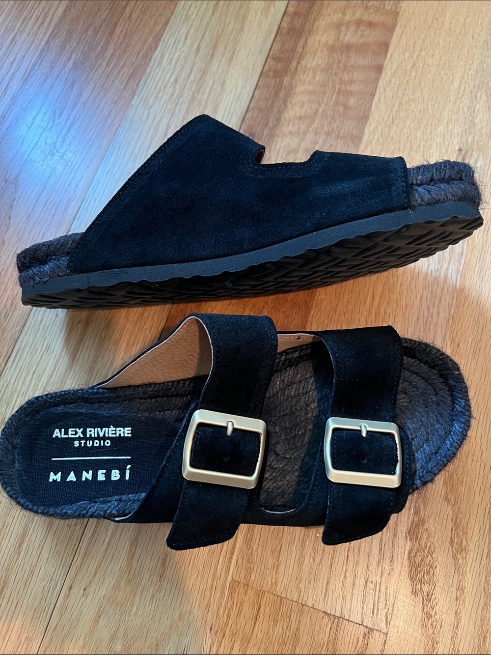 Alex Premiere MANEBI Black Double-Buckle Slide Sandals size 6 - Picture 3 of 4